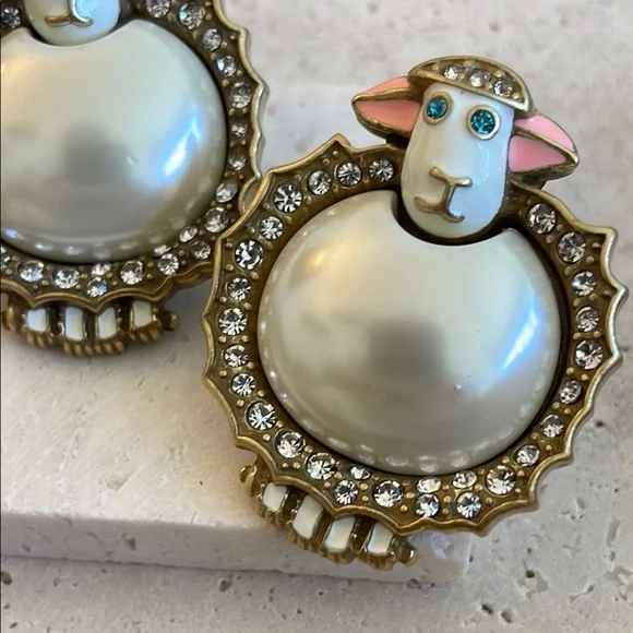 Anthropologie Sheep Earrings with Gold and Pink Accents - Picture 2 of 3